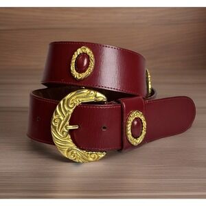 Vintage‎ 1980s Red Gold Tone Belt M Wide Italian Leather Cipriani Cabochon